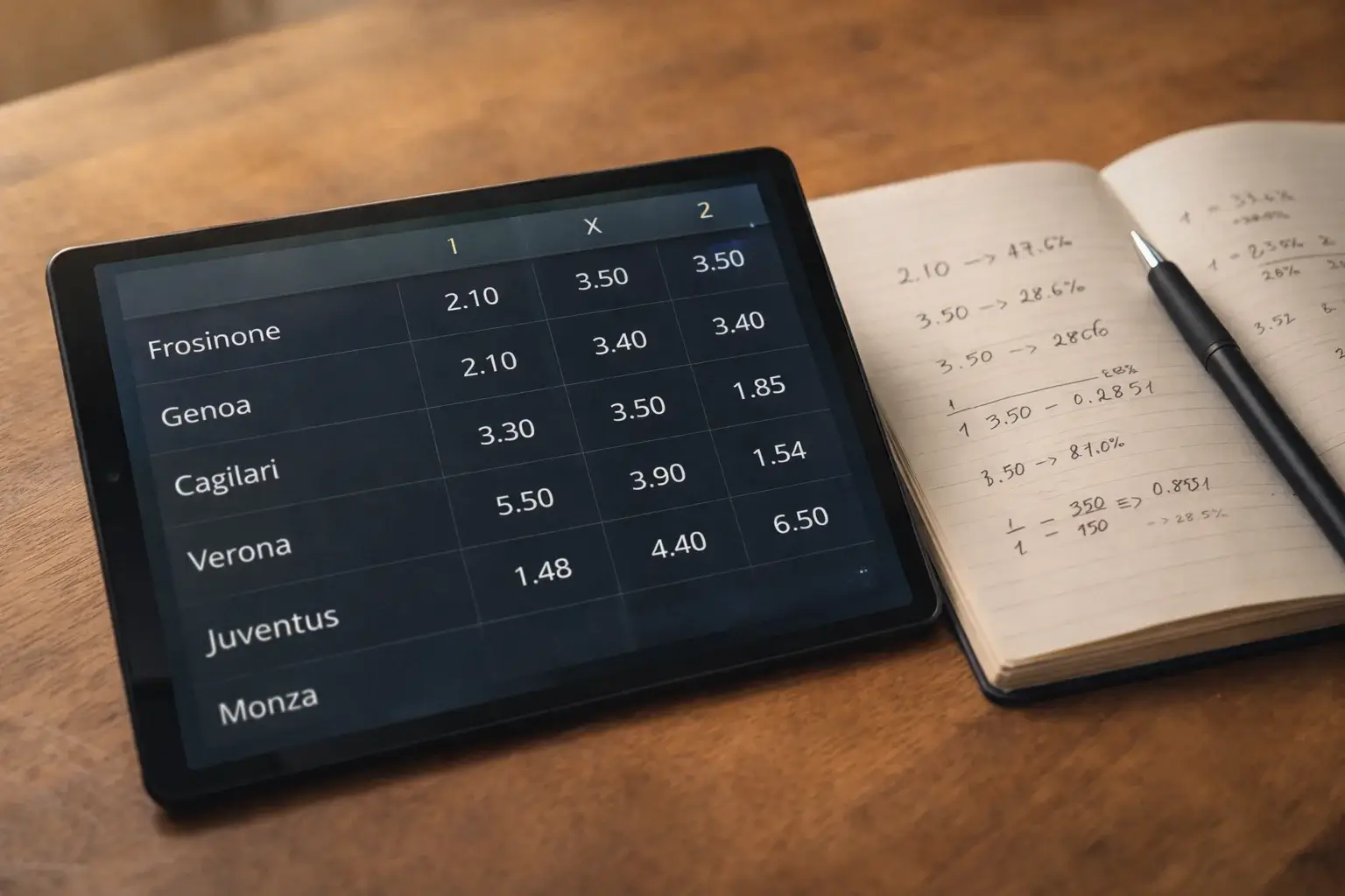 Tabellone quote calcio con probabilità e moltiplicatori per partita di Serie A