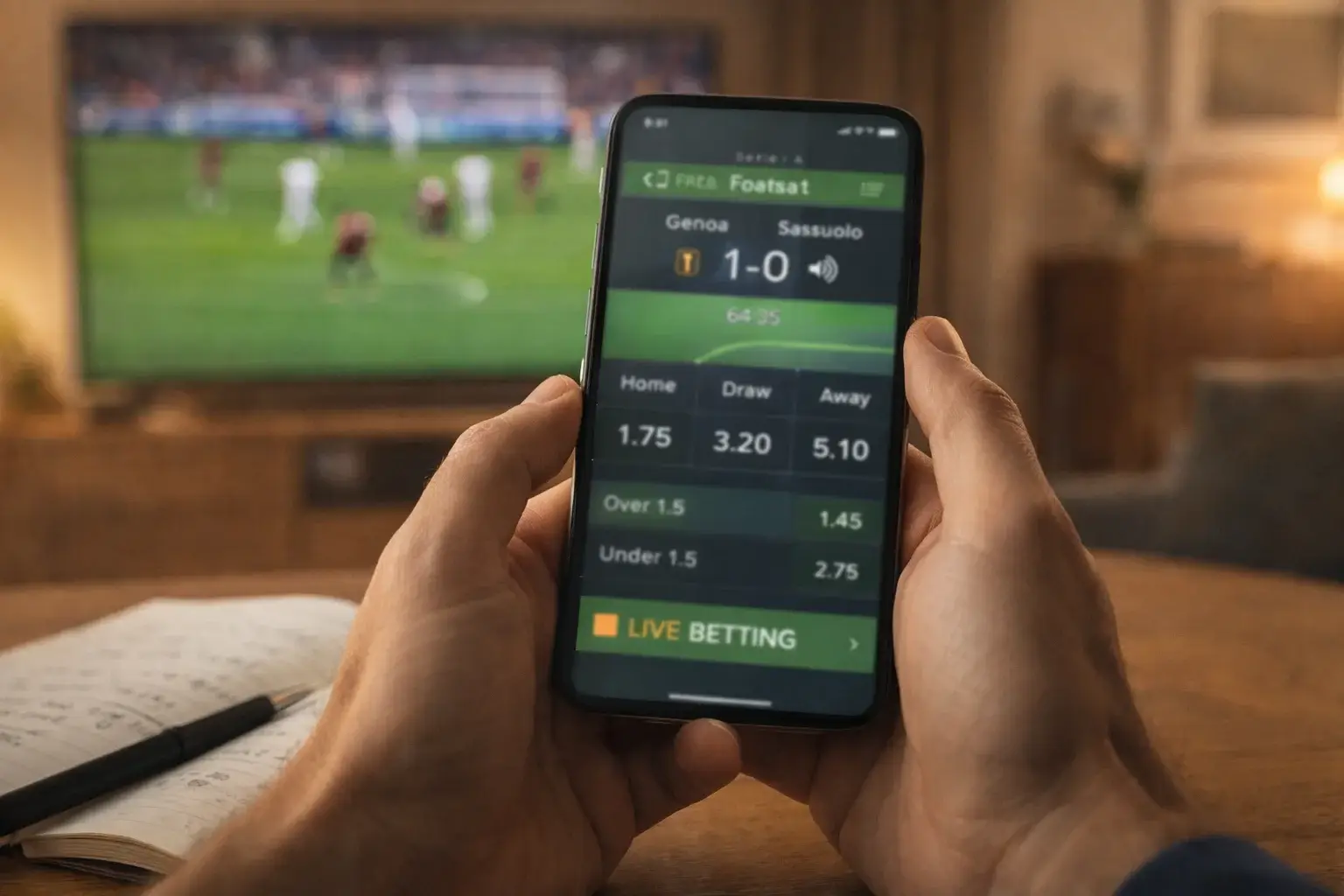 Smartphone con app scommesse live durante partita di calcio in corso