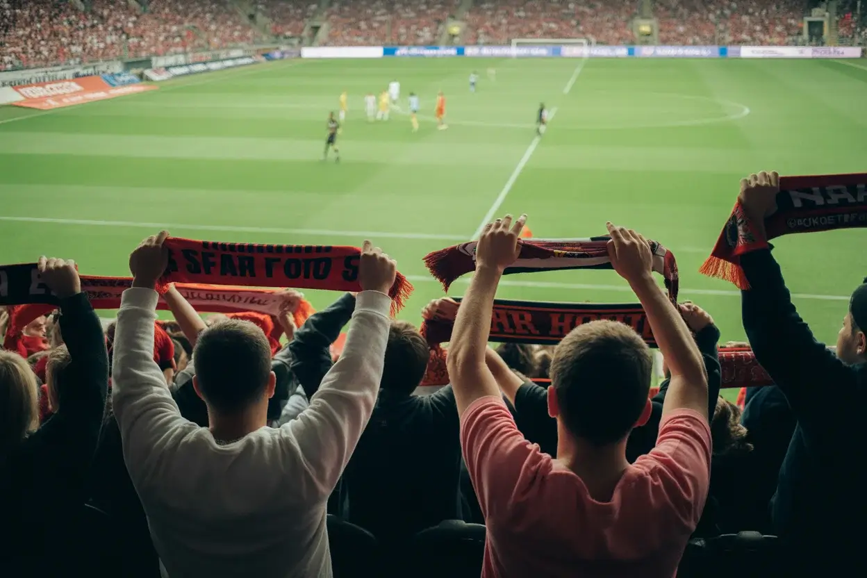 Tifosi allo stadio che guardano partita di calcio con sciarpe delle squadre